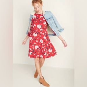 Old Navy Red Floral Long Sleeve Swing Dress